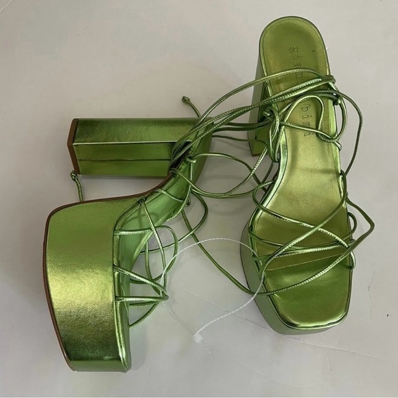 Gianni Bini Ankle Wrap Leather Strappy Metallic Green Women’s Platform Sandals - Picture 9 of 12